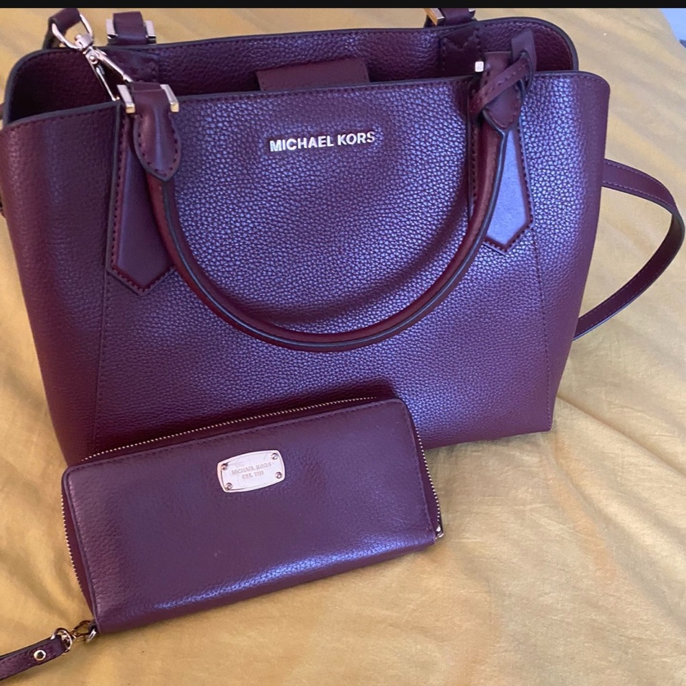 Michael Kors Maroon Satchel with Signature Design and wallet